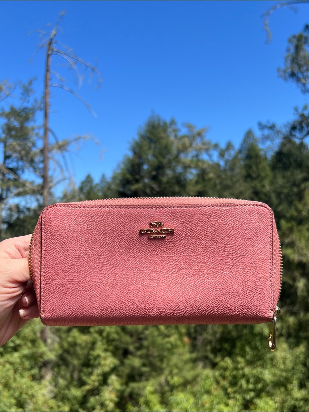 COACH Long Zip-Around PINK Crossgrain Leather Wallet Gold Hardware AUTHENTIC